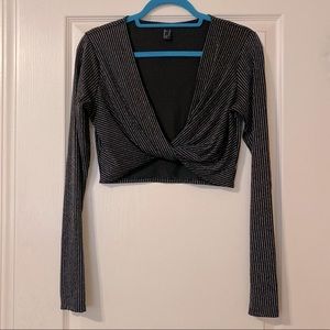 F21 Black Glitter Pinstripe Tie Front Top